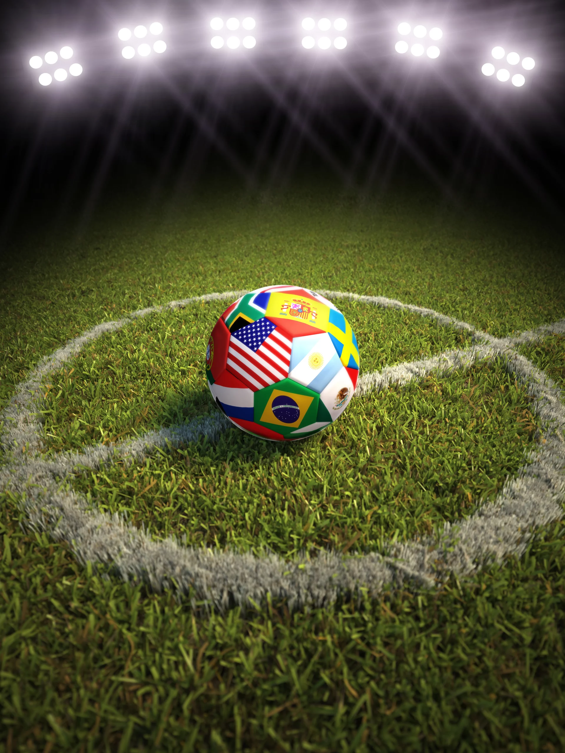 A ball with international flags positioned in the middle of the field.