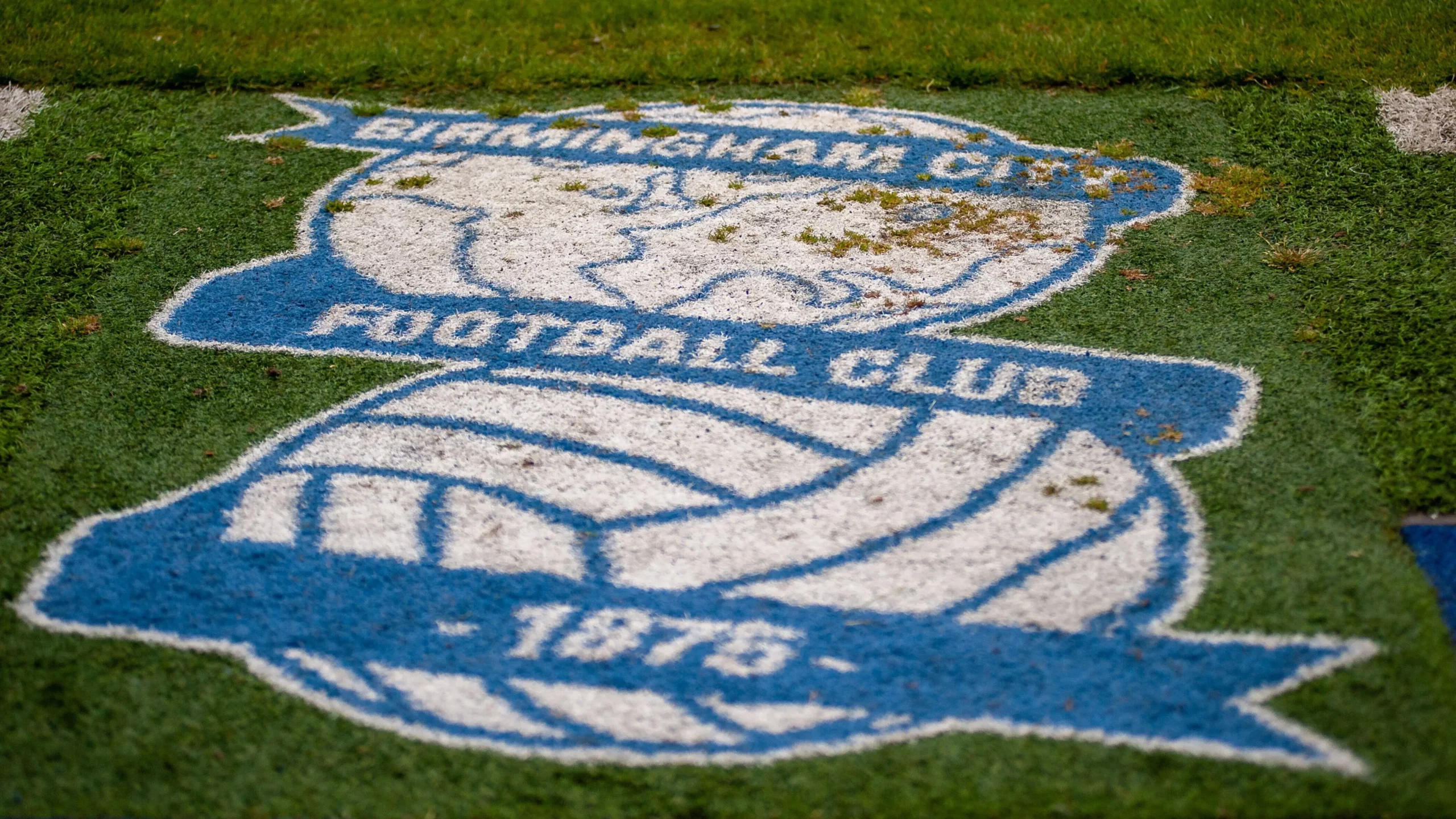 Birmingham City emblem on pitch at St Andrews home of Birmingham City FC