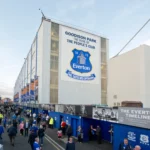 A wide angle shot of the Goodison Park stadium, home of Everton Football Club.