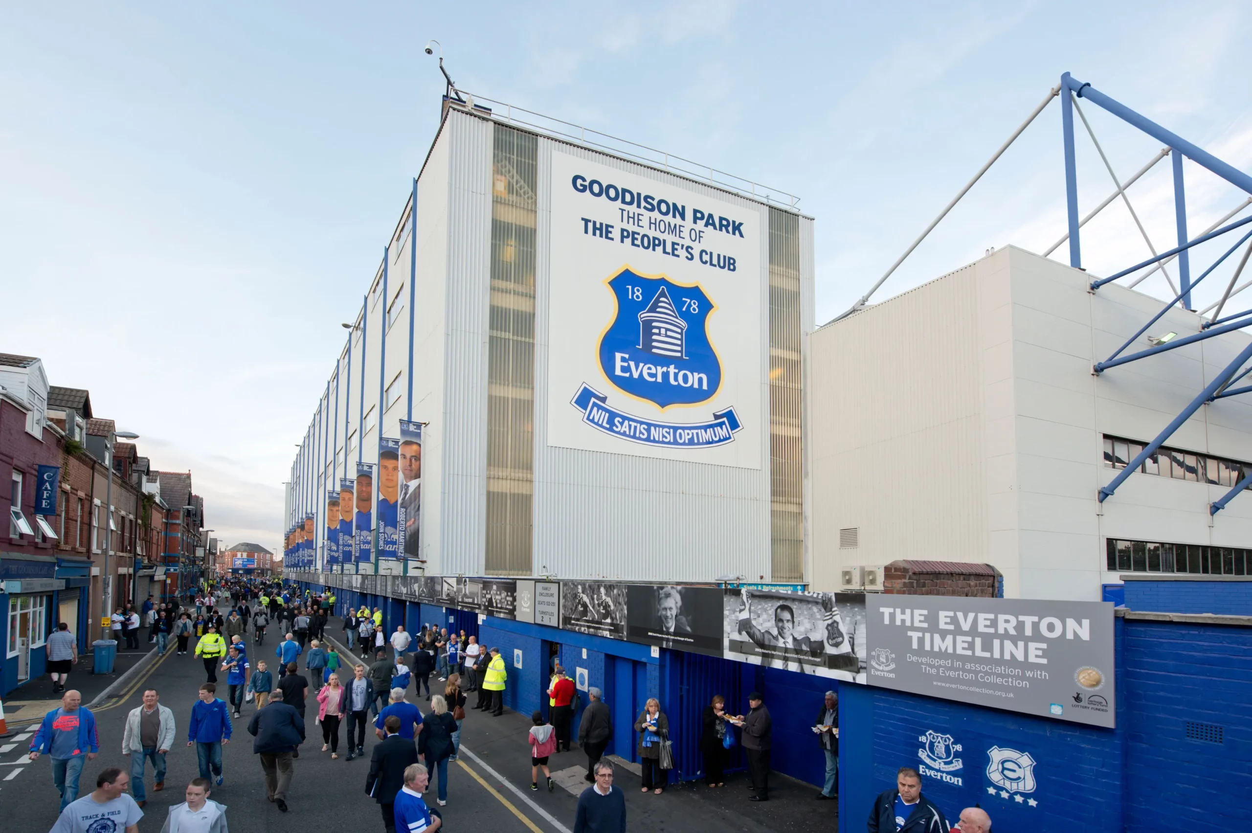 A wide angle shot of the Goodison Park stadium, home of Everton Football Club.