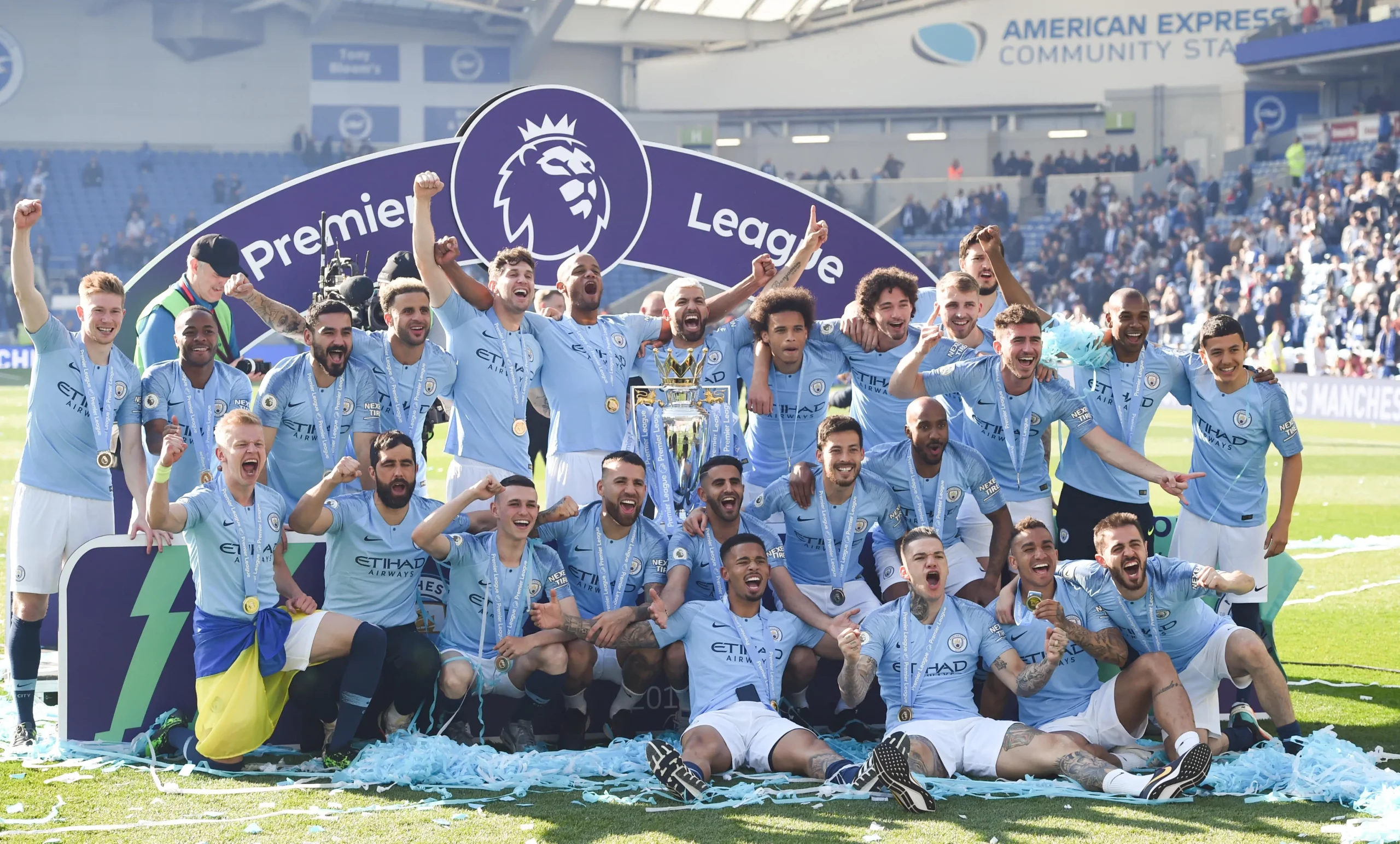 Manchester City celebrate winning the title during the Premier League