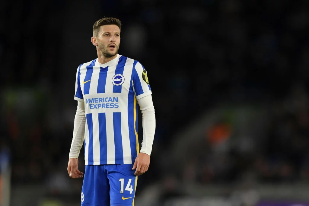 Adam Lallana of Brighton & Hove Albion looks on during the Premier League match between Brighton & Hove Albion and Manchester City
