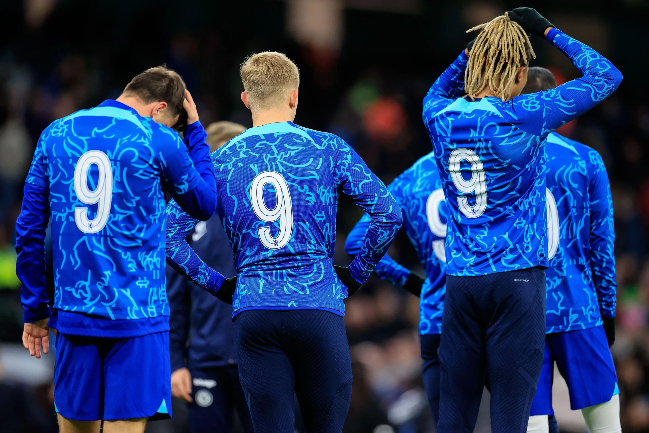 Chelsea players all wearing number 9 shirts during the warm up
