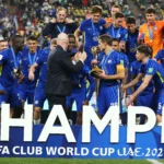 Abu Dhabi, UAE. 12th February 2022; Mohammed Bin Zayed Stadium, Abu Dhabi, UAE; Club World Cup Final, Chelsea versus Palmeiras; Gianni Infantino of FIFA and César Azpilicueta of Chelsea