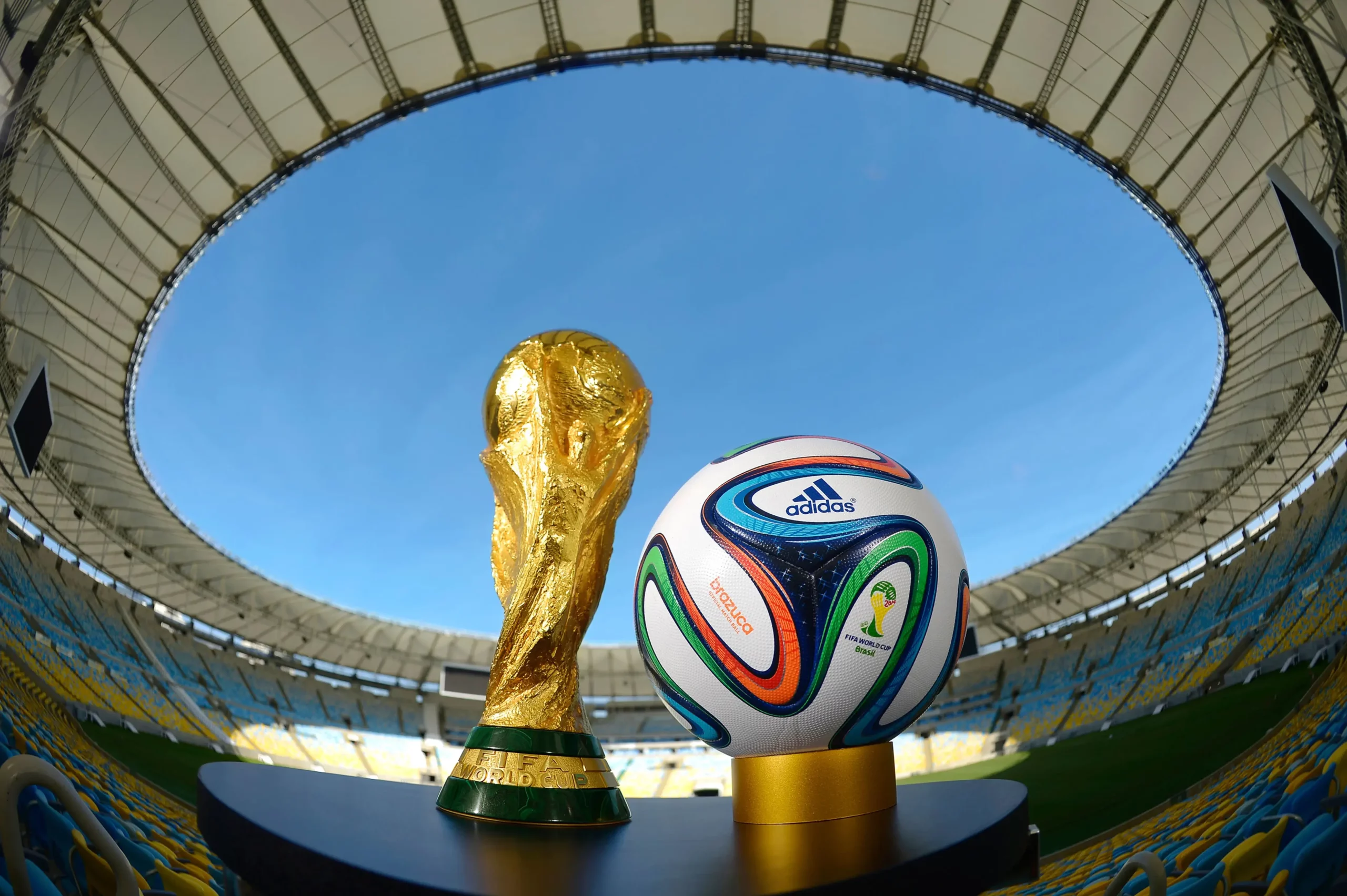 Brazuca, official matchball of FIFA World Cup Brazil 2014 and the World Cup trophy in Maracana stadium